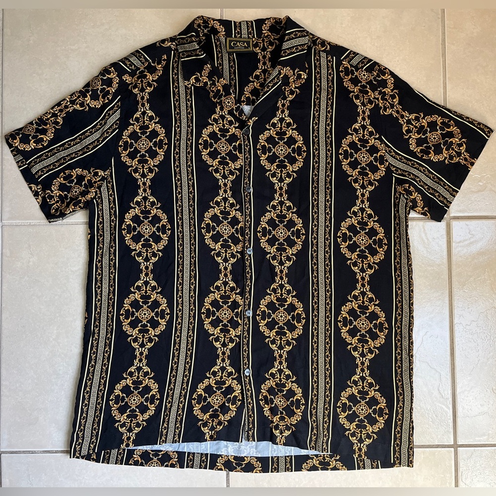 Casa Moda Men’s Woven Shirt Baroque Pattern Black/Gold Sz L Rayon Short Sleeves